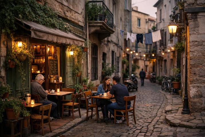 Evening conversation in an old European street café